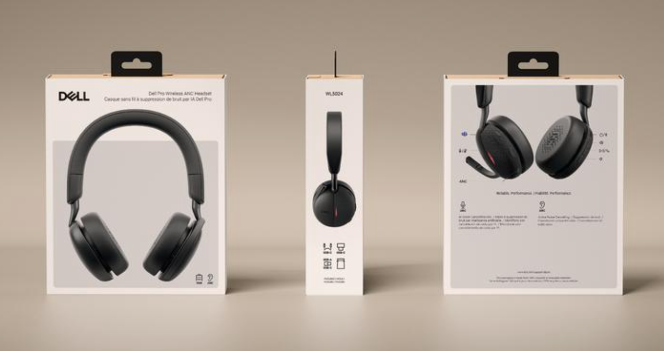 Dell Pro Wireless ANC Headset packaging — front, side, and back views