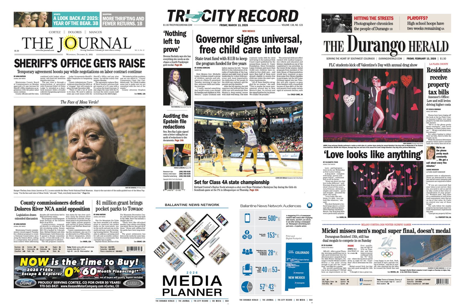 Newspaper front pages: The Journal, Tri-City Record, and The Durango Herald