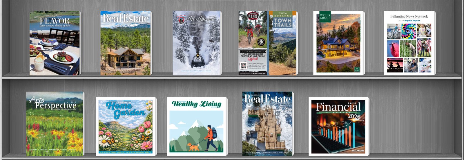 Portfolio of publications on display shelves — magazines, guides, and reports